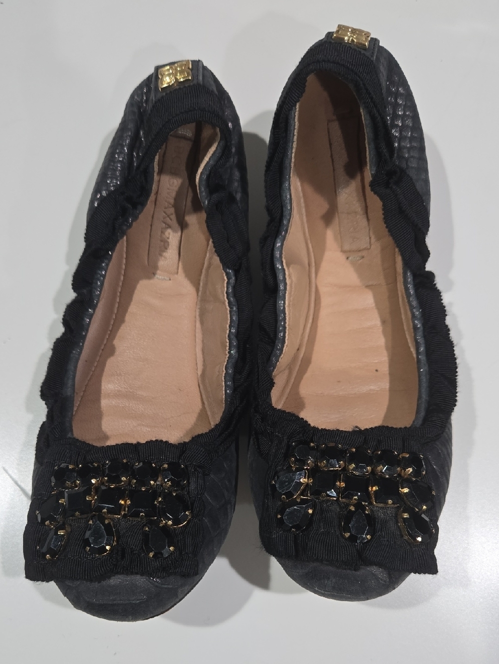 BCBGMaxAzria Black Quilted Ballet Leather Flats with Gold Crystal Accents